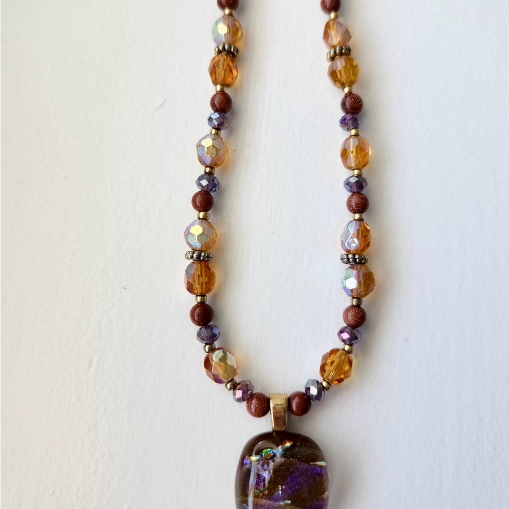 Handmade Faceted glass, Stone and dichroic Beaded Pendant Necklace